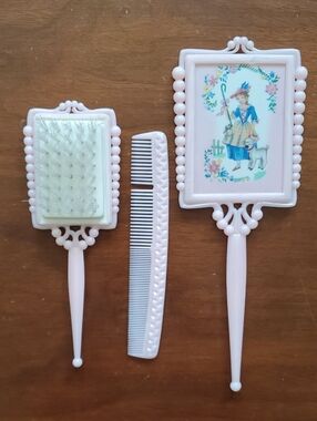 Vintage 1950's Pink Plastic Girl's Vanity Brush Comb & Mirror Set - Shepherdess